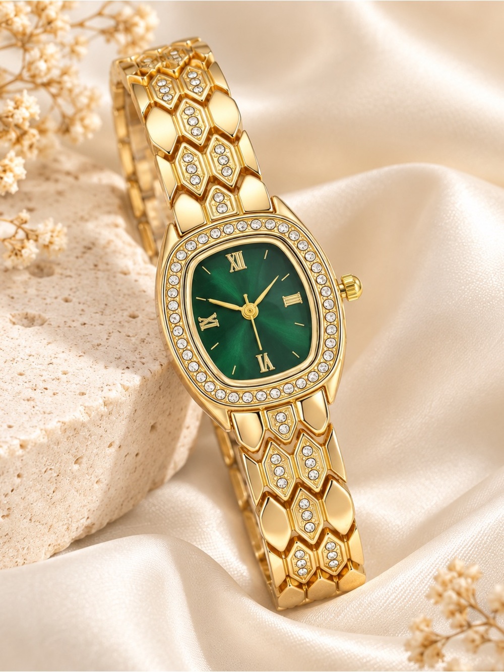 Gold Tone Green Dial Rhinestone Oval Quartz Watch Elegant Women’s Bracelet Watch